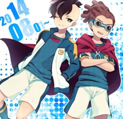 Rule 34 | 2boys, brown hair, cape, crossed arms, dated, dutch angle, fudou akio, goggles, grin, dreadlocks, hands in pockets, inazuma eleven, inazuma eleven (series), jacket, kidou yuuto, male focus, mohawk, multiple boys, one eye closed, open clothes, open jacket, open mouth, saku anna, smile, soccer uniform, sportswear, track jacket, wink