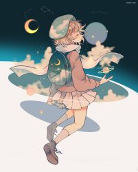 Rule 34 | 1girl, ankle socks, artist name, backpack, bag, beret, blonde hair, blue bag, blue hat, boots, bow, brown bow, brown footwear, closed eyes, clothes lift, cloud, commentary, constellation, crescent moon, crescent print, footwear bow, from behind, full body, hat, highres, hoshi-pan, light blush, long sleeves, miniskirt, moon, original, outstretched hand, parted lips, pink shirt, planet, planetary ring, pleated skirt, puffy long sleeves, puffy sleeves, scarf, shirt, short hair, skirt, skirt lift, socks, solo, space, sparkle, star (sky), star (symbol), star print, symbol-only commentary, two-tone background, white background, white scarf, white skirt, white socks
