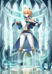 Rule 34 | 1girl, aura, blonde hair, blue capelet, blue eyes, bow, capelet, cathedral, coattails, full body, genshin impact, hair between eyes, hair bow, high ponytail, highres, holding, holding sword, holding weapon, indoors, jean (genshin impact), mon-chan, multicolored capelet, pants, reflection, standing, sword, tight clothes, tight pants, weapon, white pants