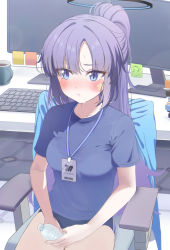 Rule 34 | 1girl, blue archive, blue eyes, blue shirt, bottle, chair, commentary request, halo, highres, holding, holding bottle, long hair, official alternate costume, on chair, ponytail, purple hair, shaka (staito0515), shirt, short sleeves, sitting, solo, star tattoo, tattoo, water bottle, yuuka (blue archive), yuuka (track) (blue archive)