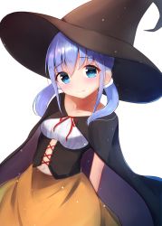 Rule 34 | 1girl, :t, black cape, blue eyes, blue hair, blush, breasts, brown hat, brown skirt, cape, closed mouth, collarbone, commentary request, corset, dutch angle, hair between eyes, hat, highres, long hair, looking at viewer, navel, neck ribbon, nijisanji, red ribbon, ribbon, shirt, simple background, skirt, small breasts, solo, twintails, virtual youtuber, white background, white shirt, witch hat, ymd (holudoun), yuuki chihiro