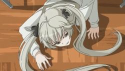 Rule 34 | 1girl, animated, animated gif, classroom, close-up, from above, hair ornament, indoors, kasugano sora, long hair, looking at viewer, lowres, on floor, open mouth, school, school uniform, serafuku, grey eyes, silver hair, twintails, uvula, vore, yosuga no sora