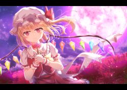 1girl blonde_hair blurry blurry_background blush collar commentary crystal flandre_scarlet flower frilled_collar frilled_sleeves frills hat hat_ribbon holding holding_flower letterboxed liuliu looking_at_viewer mob_cap moon night puffy_short_sleeves puffy_sleeves red_eyes red_flower red_ribbon red_skirt red_vest ribbon shirt short_sleeves side_ponytail skirt smile solo spider_lily tears touhou upper_body vest white_hat white_shirt wings wrist_cuffs