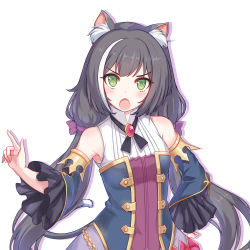 Rule 34 | 1girl, animal ear fluff, animal ears, black hair, blush, cat ears, commentary request, detached sleeves, fang, green eyes, hair ribbon, hand on own hip, highres, karyl (princess connect!), long hair, looking at viewer, low twintails, moko (alice), multicolored hair, open mouth, princess connect!, princess connect!, purple ribbon, ribbon, simple background, solo, streaked hair, twintails, white background, white hair