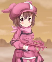 Rule 34 | &gt;:), 1girl, animal ears, animal hat, bandana, blurry, blurry background, blush, brown hair, bullpup, closed mouth, cloud, commentary request, depth of field, finger on trigger, gloves, gun, hat, highres, holding, holding gun, holding weapon, jacket, koyuki (azumaya999), llenn (sao), mountain, outdoors, p-chan (p90), p90, pants, personal defense weapon, pink bandana, pink gloves, pink hat, pink jacket, pink pants, rabbit ears, rabbit hat, red eyes, sky, smile, solo, standing, submachine gun, sword art online, sword art online alternative: gun gale online, v-shaped eyebrows, weapon