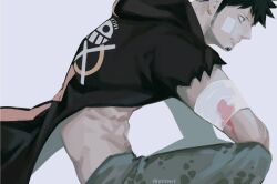 Rule 34 | 1boy, bandaged arm, bandages, bandaid, bandaid on face, black coat, black hair, blood, closed mouth, coat, denim, earrings, facial hair, from side, grey eyes, highres, hood, hood down, jeans, jewelry, long sideburns, male focus, ntsmst, one piece, open clothes, open coat, pants, profile, sideburns, simple background, sitting, solo, torn clothes, torn sleeves, trafalgar law