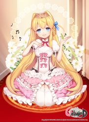 Rule 34 | 1girl, :d, bad id, bad pixiv id, blonde hair, blue eyes, bow, braid, breasts, byulzzi, dress, flower, frills, greek text, hair bow, hand on own chest, long hair, magic circle, musical note, open mouth, original, smile, solo, thighhighs, tiara, unleashed, white thighhighs