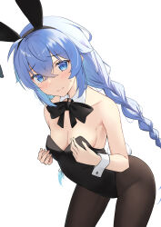 1girl absurdres animal_ears black_hairband black_leotard blue_eyes blue_hair blush braid breasts brown_pantyhose cleavage closed_mouth crossed_bangs fake_animal_ears hairband highres leotard long_hair looking_at_viewer low_twin_braids medium_breasts mushoku_tensei pantyhose playboy_bunny rabbit_ears roxy_migurdia simple_background solo syakou twin_braids white_background white_wrist_cuffs wing_collar wrist_cuffs