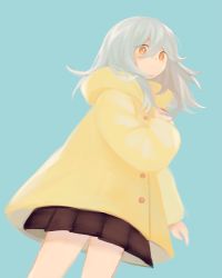 Rule 34 | 1girl, aqua background, arm at side, black skirt, blush, buttons, coat, daisy (dchw21), eyelashes, eyes visible through hair, from below, hair between eyes, hand on own chest, highres, hood, hood down, hooded coat, long hair, long sleeves, looking at viewer, original, parted lips, pleated skirt, raincoat, silver hair, simple background, skirt, solo, yellow coat, yellow eyes