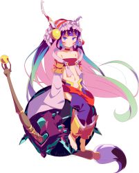 Rule 34 | 1girl, bare shoulders, barefoot, bell, blush, closed mouth, collarbone, flat chest, fuchima, full body, hair bell, hair ornament, highres, hip bones, horou (no game no life), long hair, looking at viewer, loose clothes, multicolored hair, navel, no game no life, purple eyes, sitting, solo, transparent background