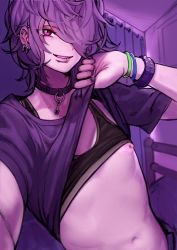 Rule 34 | 1boy, 2n5, black nails, bracelet, choker, ear piercing, earrings, hair over one eye, jewelry, lifted by self, lip piercing, looking at viewer, male focus, messy hair, nail polish, navel, necklace, nipple piercing, nipples, original, piercing, purple eyes, purple theme, solo, trap, upper body