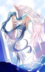 Rule 34 | 1girl, 600so, absurdly long hair, absurdres, angel wings, aqua eyes, aqua hair, bad id, bad twitter id, barefoot, blush, building, cloud, cloudy sky, commentary request, day, dress, flying, from side, hair ornament, hands on own knees, hatsune miku, highres, knees up, korean commentary, legs together, light blush, long hair, looking at viewer, mixed-language commentary, ocean, outdoors, silhouette, sky, smile, strapless, strapless dress, twintails, utility pole, very long hair, vocaloid, water, waves, white dress, wings