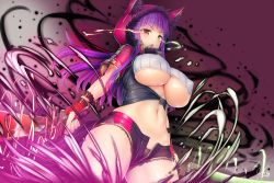 Rule 34 | 1girl, breasts, cleavage, covered erect nipples, cowboy shot, doyouwantto, dual wielding, energy, green eyes, heterochromia, holding, hood, katana, large breasts, looking at viewer, midriff, multicolored hair, navel, nipples, original, panties, pink hair, purple hair, red eyes, scarf, short hair, short shorts, shorts, signature, skirt, solo, stomach, sword, thighhighs, underboob, underwear, unfastened, weapon