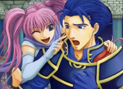 Rule 34 | 1boy, 1girl, :o, ;d, armor, artist request, blue eyes, blue hair, blush, cleric, couple, dress, elbow gloves, eye contact, fingerless gloves, fire emblem, fire emblem: the blazing blade, gloves, hair between eyes, hector (fire emblem), long hair, looking at another, looking back, nintendo, one eye closed, open mouth, pink hair, poking, purple eyes, scarf, serra (fire emblem), short hair, shy, smile, sweat, twintails, white dress, white gloves, wink