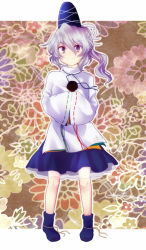 Rule 34 | 1girl, bad id, bad pixiv id, female focus, floral background, flower, grey eyes, hands in opposite sleeves, hat, japanese clothes, mononobe no futo, ponytail, ribbon, short hair, silver hair, skirt, smile, solo, tate eboshi, touhou, uranaishi (miraura)