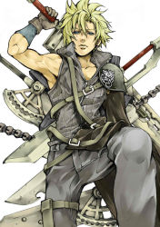 Rule 34 | 1990s (style), 1boy, blonde hair, blue eyes, cloud strife, earrings, final fantasy, final fantasy vii, gloves, goroh0529, jewelry, looking at viewer, male focus, solo, standing, sword, weapon