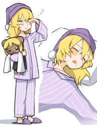 Rule 34 | 1boy, blonde hair, character doll, closed mouth, commentary request, cookie (touhou), full body, hair between eyes, hat, highres, kirisame marisa, long bangs, long hair, male focus, nightcap, open mouth, pajamas, pants, pom pom (clothes), pura (aiueo256375), purple hat, purple pants, purple shirt, rei (cookie), rubbing eyes, shirt, sleeping, sleepy, squeans, striped clothes, striped pants, striped shirt, touhou, vertical-striped clothes, vertical-striped pants, vertical-striped shirt, yuuhi (cookie)