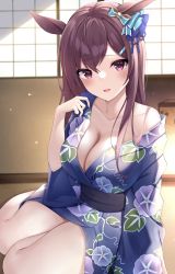 Rule 34 | absurdres, alternate costume, animal ears, black hair, breasts, cleavage, collarbone, hair ornament, highres, horse ears, horse girl, horse tail, japanese clothes, kimono, long hair, looking at viewer, medium breasts, mejiro dober (umamusume), open mouth, purple eyes, ribbon, sitting, tail, umamusume, zeatto