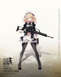 Rule 34 | 1girl, apron, arm strap, armor, assault rifle, black footwear, black gloves, black pantyhose, blonde hair, blue eyes, braid, braided bangs, breastplate, breasts, character name, collared shirt, cropped jacket, fingerless gloves, french braid, full body, g36 (girls&#039; frontline), g36 (mod3) (girls&#039; frontline), gesugao, girls&#039; frontline, glaring, gloves, gun, h&amp;k g36, head tilt, heckler &amp; koch, high heels, highres, holding, imoko (imonatsuki), juliet sleeves, long sleeves, looking at viewer, maid, maid apron, maid headdress, medium breasts, medium hair, midriff, mod3 (girls&#039; frontline), navel, neck ribbon, official alternate costume, official art, pantyhose, puffy sleeves, red ribbon, ribbon, rifle, shirt, sidelocks, skirt, sleeve cuffs, sleeves rolled up, solo, thigh strap, trigger discipline, tsurime, waist apron, watermark, weapon, wing collar