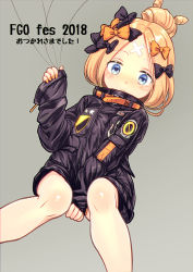 Rule 34 | 1girl, abigail williams (fate), abigail williams (traveling outfit) (fate), alternate hairstyle, bandaid, bandaid on face, bandaid on forehead, belt, between legs, black bow, black jacket, blonde hair, blue eyes, blush, bow, fate/grand order, fate (series), forehead, grey background, hair bow, hair bun, hand between legs, hayosena, high collar, holding, jacket, long hair, looking at viewer, nail polish, official alternate costume, open mouth, orange bow, orange nails, parted bangs, polka dot, polka dot bow, simple background, single hair bun, sitting, sleeves past fingers, sleeves past wrists, solo, string, thighs