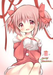 Rule 34 | 1girl, :d, alternate costume, blush, english text, fur trim, gradient background, hair ribbon, highres, hoshikage wataru, kaname madoka, looking at viewer, loose clothes, mahou shoujo madoka magica, mahou shoujo madoka magica (anime), merry christmas, off shoulder, open mouth, oversized clothes, pink eyes, pink hair, red ribbon, ribbon, santa costume, short hair, short twintails, signature, sleeves past fingers, sleeves past wrists, smile, solo, twintails