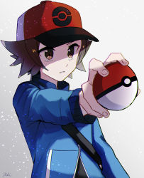Rule 34 | 1boy, bad id, bad twitter id, baseball cap, black shirt, blue jacket, brown eyes, brown hair, commentary, creatures (company), game freak, grey background, hat, highres, hilbert (pokemon), holding, holding poke ball, jacket, long sleeves, male focus, nintendo, orange hat, outstretched arm, parted lips, poke ball, poke ball (basic), poke ball print, pokemon, pokemon bw, shirt, short hair, signature, solo, strap, tere asahi, upper body