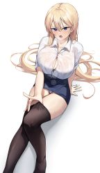 Rule 34 | 1girl, black thighhighs, blonde hair, blue eyes, breasts, bursting breasts, cleavage, collar, collared shirt, ddangbi, glasses, highres, large breasts, office lady, open mouth, original, panties, pantyhose, pencil skirt, shirt, sitting, skirt, solo, thighhighs, thighhighs pull, thighs, underwear, upskirt, white panties