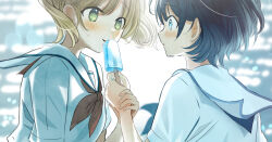 Rule 34 | 2girls, :d, :o, bitten, black hair, blonde hair, blue eyes, blue neckerchief, blurry, blurry background, blush, breasts, couple, floating hair, food, from side, hand up, holding, holding another&#039;s wrist, holding food, holding popsicle, licking, looking at another, melting, multiple girls, neckerchief, open mouth, original, outdoors, popsicle, popsicle stick, red neckerchief, sailor collar, school uniform, serafuku, shirt, short hair, short sleeves, small breasts, smile, upper body, water, white sailor collar, white serafuku, white shirt, yellow eyes, yukimaru nun, yuri