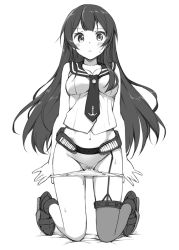 Rule 34 | 10s, 1girl, :&lt;, :c, agano (kancolle), blush, breasts, cleavage, female pubic hair, frown, greyscale, groin, kantai collection, kneeling, long hair, medium breasts, monochrome, navel, panties, panty pull, pubic hair, pulling own clothes, solo, solo focus, sweat, takayaki, thighs, underwear, very long hair