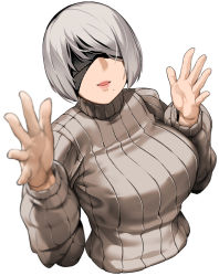 Rule 34 | 1girl, bakkanki, black blindfold, blindfold, breasts, cropped torso, grey hair, hands up, highres, large breasts, mole, mole under mouth, nier (series), nier:automata, open hands, ribbed sweater, short hair, smile, sweater, turtleneck, upper body, white background, 2b (nier:automata)