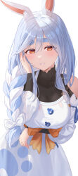 Rule 34 | 1girl, absurdres, animal ear fluff, animal ears, arm under breasts, black bodysuit, blue hair, bodysuit, bow, braid, braided ponytail, detached sleeves, dress, hair bow, hair over shoulder, highres, hololive, long hair, looking at viewer, lucy (rusi-juren328), mature female, multicolored hair, orange eyes, pekomama, rabbit-shaped pupils, rabbit ears, rabbit girl, short eyebrows, smile, solo, streaked hair, symbol-shaped pupils, virtual youtuber, white background, white bow, white dress, white hair, white sleeves