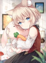 Rule 34 | 1girl, animal ear fluff, animal ears, ayuanlv, bare shoulders, black skirt, blouse, blue eyes, blurry, blurry background, blush, braid, brown hair, carrot, cat ears, cat girl, child, closed mouth, crown braid, dated, depth of field, final fantasy, final fantasy xiv, hair between eyes, head tilt, highres, hugging doll, hugging object, light particles, long sleeves, looking at viewer, miqo&#039;te, moogle, picture frame, red shirt, shirt, short hair, signature, skirt, smile, stuffed animal, stuffed rabbit, stuffed toy, tail