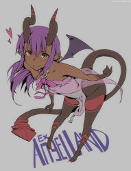 Rule 34 | 1girl, barefoot, bat wings, bent over, black gloves, black pantyhose, bow, collarbone, dark-skinned female, dark skin, demon girl, demon horns, demon tail, feet, fingernails, gloves, horns, jewelry, kurowa, long fingernails, long hair, long toenails, maeve (unlight), nail polish, necklace, orange eyes, pantyhose, pearl necklace, purple hair, red nails, sharp fingernails, sharp toenails, smile, solo, tail, toenails, unlight, wings