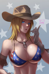 Rule 34 | 1girl, american flag bikini, artist name, bare shoulders, bikini, bikini top only, blonde hair, blue eyes, blush, breasts, brown gloves, cowboy hat, dead or alive, dead or alive 5, flag print, gloves, hat, highres, horseshoe ornament, jewelry, large breasts, looking at viewer, medium hair, neck, necklace, open mouth, parted lips, short hair, solo, star (symbol), starry background, swimsuit, tecmo, tina armstrong, tomo eokaiteru, upper body, white gloves