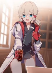 Rule 34 | 1girl, :d, a.a (aa772), absurdres, azur lane, black dress, blue eyes, buttons, coat, coat dress, coca-cola, commentary request, commission, cowboy shot, cup, denver (azur lane), double-breasted, dress, gloves, grey hair, hair between eyes, hair ornament, hair tubes, highres, holding, holding cup, holding tray, hood, hood down, hooded coat, indoors, long hair, long sleeves, looking at viewer, low twintails, open clothes, open coat, open mouth, red gloves, sidelocks, skeb commission, smile, solo, standing, tray, twintails, white coat, window