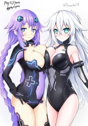 Rule 34 | 2girls, :/, bad id, bad pixiv id, bare shoulders, black heart (neptunia), blue eyes, blush, braid, breast press, breasts, character name, cleavage, cleavage cutout, clothing cutout, collaboration, cowboy shot, elbow gloves, gloves, hair ornament, hand on another&#039;s hip, hands on own hips, highres, large breasts, leotard, long hair, looking at viewer, multiple girls, neptune (neptunia), neptune (series), noire (neptunia), physisyoon, power suit, purerin, purple hair, purple heart (neptunia), simple background, smile, symbol-shaped pupils, symmetrical docking, thighhighs, twin braids, twintails, very long hair, white background, white hair