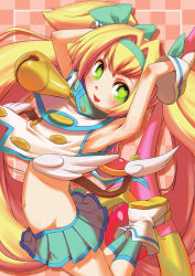 Rule 34 | 1girl, absurdres, armpits, arms up, bell, blazblue, blonde hair, bow, flat chest, gloves, green eyes, hair bow, hairband, heart, heart-shaped pupils, highres, jumping, long hair, midriff, non-web source, official art, platinum the trinity, pleated skirt, skirt, smile, socks, solo, symbol-shaped pupils, two side up, very long hair