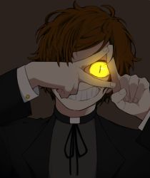 Rule 34 | 1boy, bill cipher, bipper, brown hair, colored sclera, dipper pines, glowing, glowing eyes, gravity falls, grey background, grin, male focus, one eye covered, possessed, priest, short hair, simple background, slit pupils, smile, yellow sclera