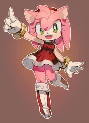 Rule 34 | 1girl, amy rose, animal ears, animal nose, aoki (fumomo), arm up, blush, body fur, boots, breasts, bright pupils, dress, fang, female focus, furry, furry female, gloves, green eyes, hairband, happy, knee boots, knees together feet apart, leg up, light blush, looking at viewer, medium hair, open mouth, outline, outstretched arm, pink fur, pink hair, pointing, red background, red dress, red footwear, red hairband, short dress, sidelocks, simple background, sleeveless, sleeveless dress, small breasts, smile, solo, sonic (series), standing, standing on one leg, thighs, white gloves, white outline, white pupils