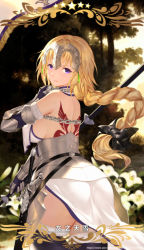 Rule 34 | 1girl, armor, ass, back, back tattoo, bare shoulders, black bow, blonde hair, bow, braid, braided ponytail, breasts, cangkong, chain, corset, cowboy shot, earrings, fate/apocrypha, fate (series), faulds, from behind, gauntlets, glint, hair bow, headpiece, highres, holding, holding weapon, jeanne d&#039;arc (fate), jeanne d&#039;arc (ruler) (fate), jeanne d&#039;arc (third ascension) (fate), jewelry, long hair, looking back, medium breasts, parted lips, pixiv id, polearm, purple eyes, sheath, sheathed, sideboob, single braid, smile, solo, spear, standing, sword, tattoo, thighhighs, very long hair, watermark, weapon, web address