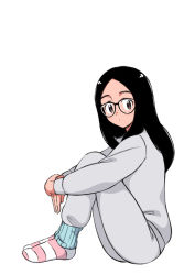 Rule 34 | 1girl, aragon honnin, bad id, bad tumblr id, black hair, brown eyes, expressionless, from above, full body, glasses, grey pants, grey shirt, knees up, long hair, long sleeves, looking at viewer, original, pants, shirt, simple background, sitting, socks, solo, white background