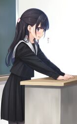 Rule 34 | 1girl, black hair, black serafuku, black skirt, blush, chalkboard, commentary request, desk, feet out of frame, from side, half updo, highres, indoors, long hair, long sleeves, na-ga, open mouth, original, pleated skirt, purple eyes, sailor collar, school uniform, serafuku, sidelocks, skirt, sleeves past wrists, solo, standing, translation request, wavy mouth, white sailor collar