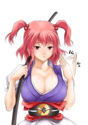 Rule 34 | 1girl, bad id, bad pixiv id, breasts, cleavage, dress, female focus, hair bobbles, hair ornament, huge breasts, onozuka komachi, pink hair, red eyes, red hair, short hair, soba (saz), solo, touhou, twintails, two side up, white background