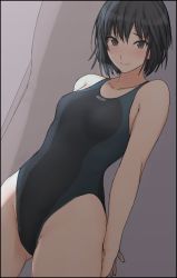 Rule 34 | 1girl, amagami, arms behind back, black hair, blush, breasts, brown-eared bulbul, competition swimsuit, dutch angle, gluteal fold, looking at viewer, mobu, nanasaki ai, one-piece swimsuit, small breasts, smile, solo, swimsuit, thighs