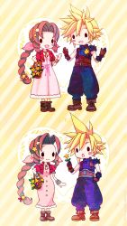 Rule 34 | 39cva, aerith gainsborough, armor, belt, blue pants, blue shirt, blush, boots, bracelet, braid, brown hair, buttons, chibi, choker, cloud strife, couple, cropped jacket, dress, final fantasy, final fantasy vii, final fantasy vii remake, flower, flower basket, full body, gloves, hair flower, hair ornament, hair ribbon, hand on own hip, hands up, heart, highres, holding, holding flower, jacket, jewelry, long hair, necklace, pants, parted bangs, pink dress, pink ribbon, red jacket, ribbon, shirt, shoulder armor, sidelocks, sleeveless, sleeveless turtleneck, smile, spiked hair, square enix, striped, striped background, turtleneck, yellow background, yellow flower