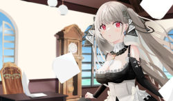Rule 34 | 1girl, absurdres, alternate breast size, azur lane, bad id, bad pixiv id, bare shoulders, between breasts, black dress, bow, breasts, cleavage, clock, clothing cutout, dress, dress bow, formidable (azur lane), frilled dress, frills, gothic lolita, grandfather clock, grey hair, highres, indoors, lolita fashion, long hair, looking at viewer, medium breasts, neckerchief, originzeeta, pantyhose, paper, pendulum clock, red eyes, ribbon, shoulder cutout, skirt hold, solo, table, twintails, two-tone dress, two-tone ribbon, upper body, very long hair, white neckerchief, window