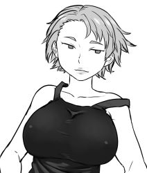 Rule 34 | 1girl, asta (hunter x hunter), bare shoulders, breasts, covered erect nipples, greyscale, hands on own hips, huge breasts, hunter x hunter, light smile, lips, monochrome, parted bangs, solo, strap slip, tank top, taut clothes, tsukudani (coke-buta)