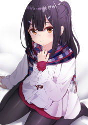 Rule 34 | 1girl, black pantyhose, blue scarf, brown eyes, brown hair, closed mouth, coat, collarbone, commentary request, duffel coat, fate/kaleid liner prisma illya, fate (series), fingernails, fringe trim, hair ornament, hairclip, highres, hikashou, long hair, long sleeves, looking at viewer, miyu edelfelt, miyu edelfelt (final ascension), no shoes, pantyhose, plaid, plaid scarf, ponytail, red sweater, scarf, sitting, sleeves past wrists, smile, solo, sweater, wariza, white coat