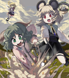 Rule 34 | 3girls, animal ears, blonde hair, capelet, collar, commentary request, digging, female focus, floating, flying, gem, gold, green eyes, green hair, grin, highres, jewelry, kasodani kyouko, leash, mizuhashi parsee, mouse (animal), mouse ears, mouse tail, multiple girls, nazrin, necklace, pendant, silver hair, smile, sweatdrop, syope, tail, touhou
