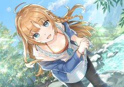 Rule 34 | 1girl, black pants, blue eyes, blue jacket, blue sky, blush, bracelet, braid, breasts, camisole, cleavage, collarbone, dutch angle, jacket, jewelry, leaning forward, long hair, long sleeves, looking at viewer, open mouth, orange camisole, orange hair, original, outdoors, own hands together, pants, plant, shirt, short sleeves, sky, small breasts, smile, solo, standing, tan (tangent), tree, water, white shirt